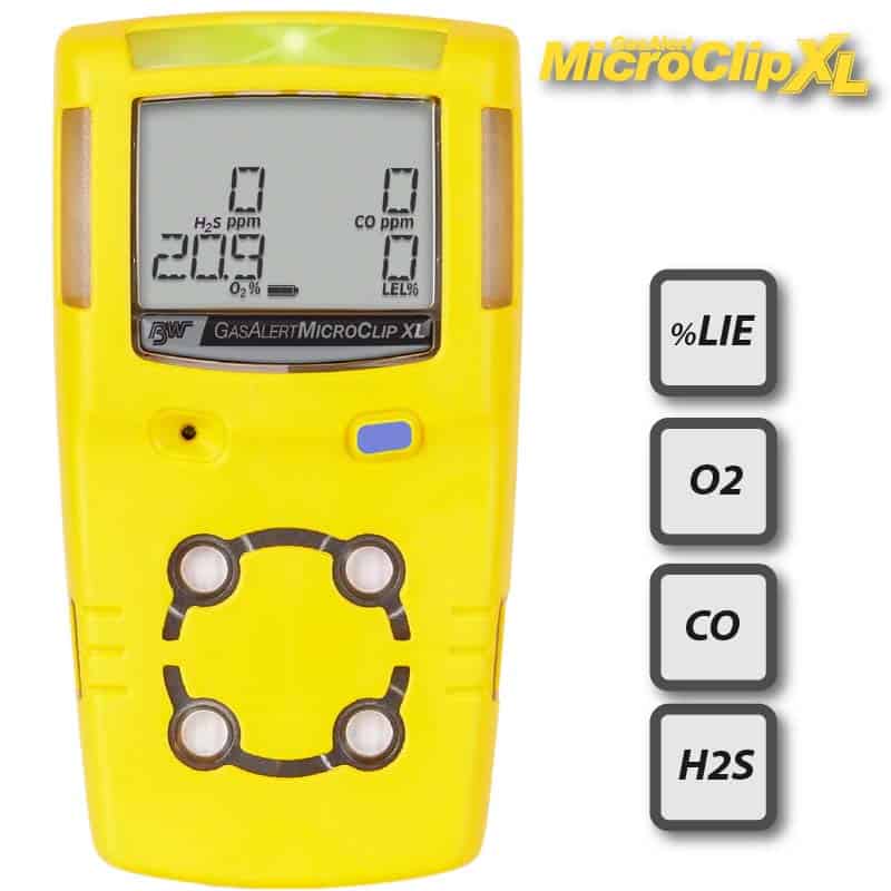 Le Gasalert Microclip XT est le détecteur 4 gaz portable le plus vendu du marché. Dans cette configuration standard, il mesure les concentrations en gaz explosibles (%LIE), en Oxygène (O2), en Monoxyde de Carbone (CO) et en Hydrogène Sulfuré (H2S).